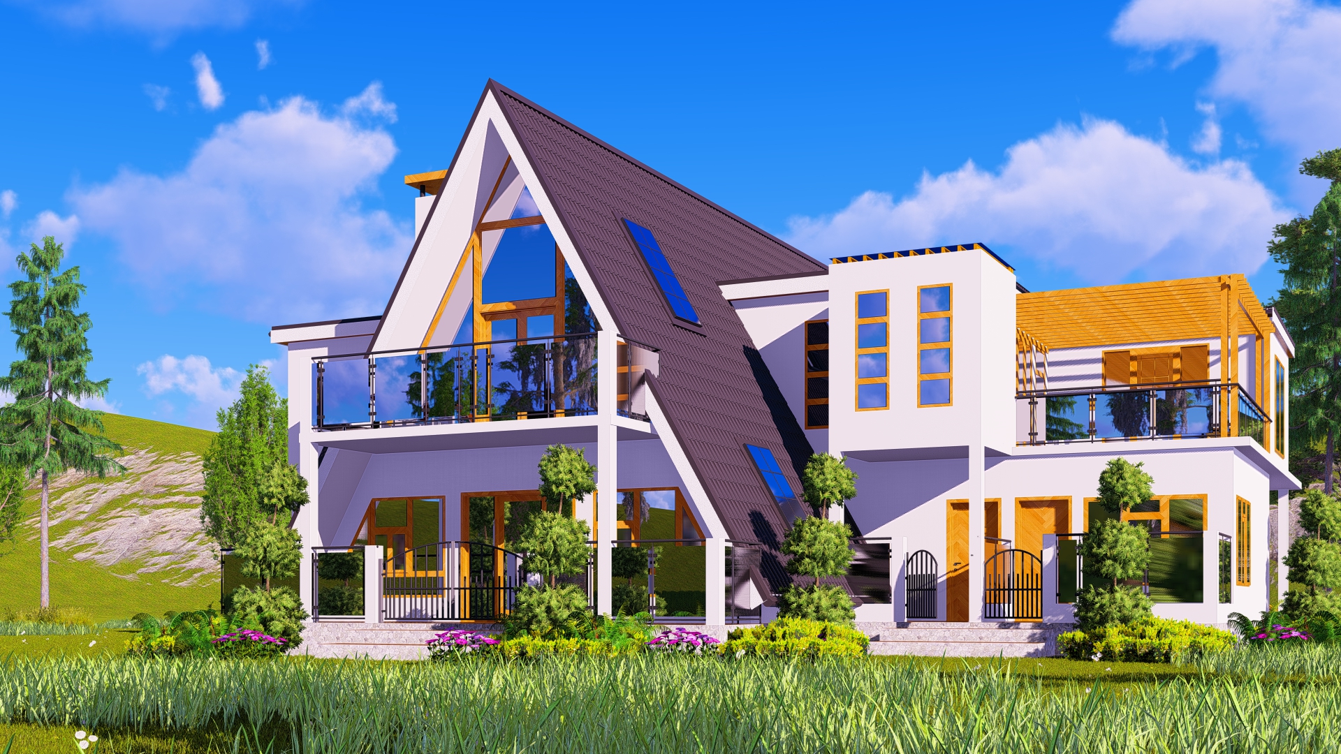 Front perspective of the Nanyuki A-Frame with balcony and terrace
